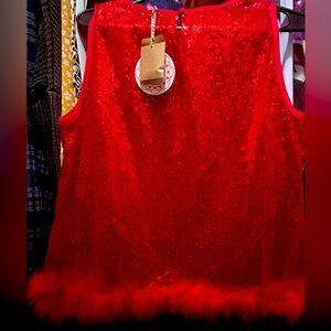 Red Sequin Swing Top with feathered boa bottom sleeveless Size M NWT